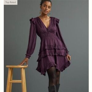 By Anthropologie Tiered Purple Ruffle Mini Dress Long Sleeve Size S Small 4 6